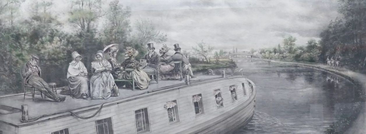Edward Lamson Henry (1841-1919), lithograph, Figures travelling upon a Victorian canal boat, 34 x 87cm